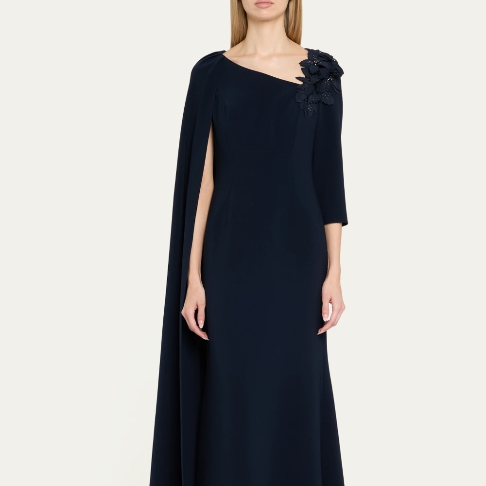 NWT Teri Jon Cape-Sleeve Floral Applique Trumpet Gown